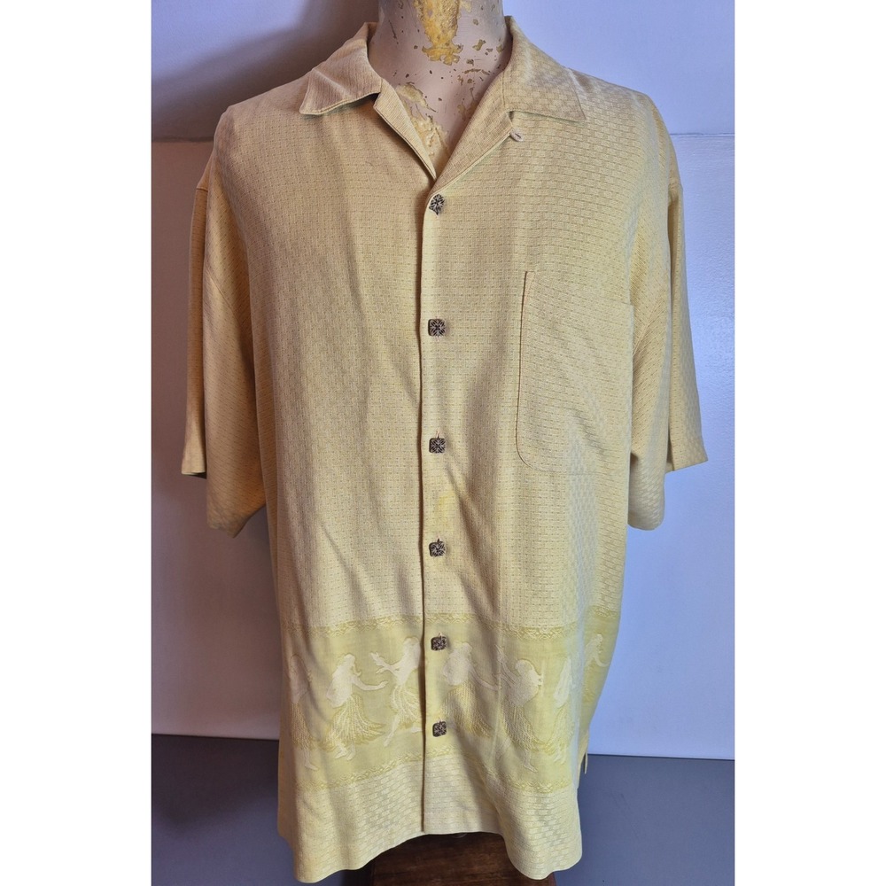 Tommy Bahama Mens Hawaiian Camp Shirt Large Yellow Vintage Silk Hula Girls